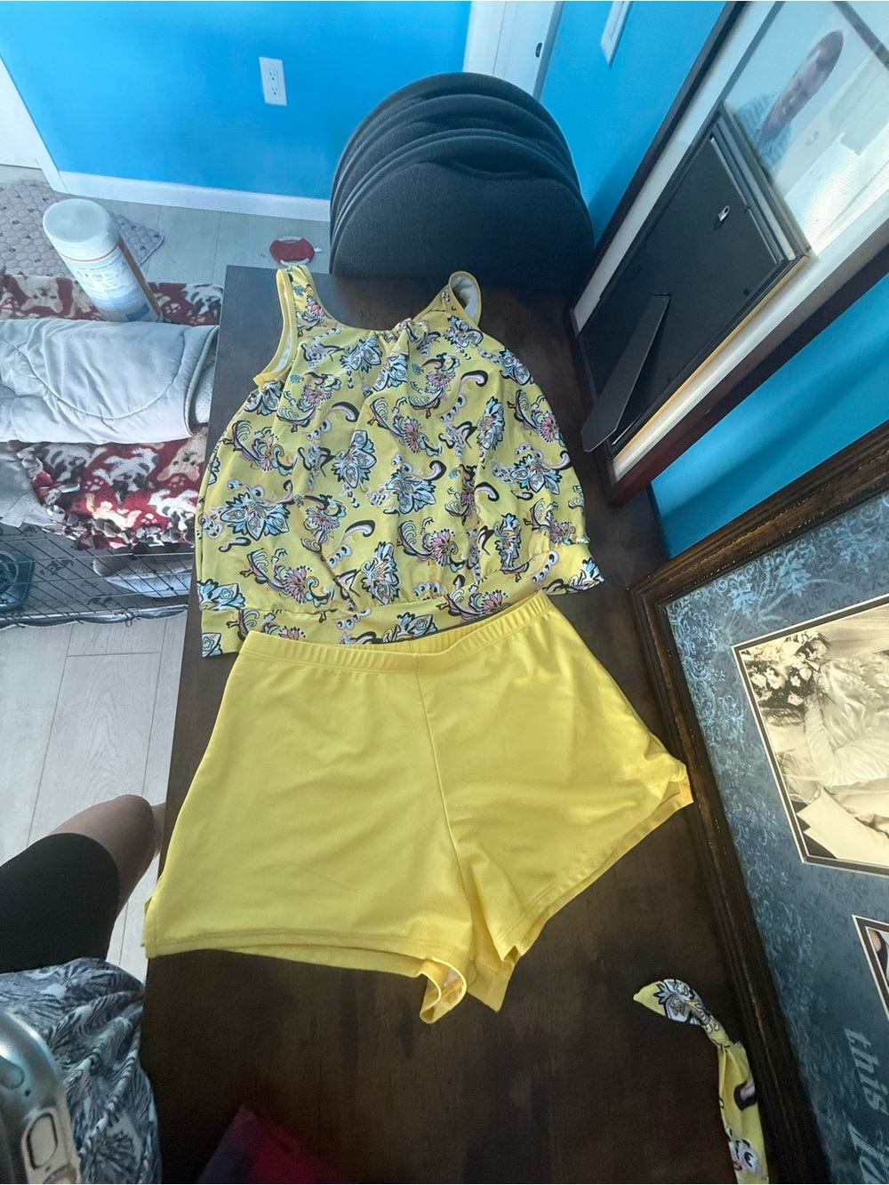 SHEIN Yellow Paisley Tankini Top and Solid Shorts Swim Set